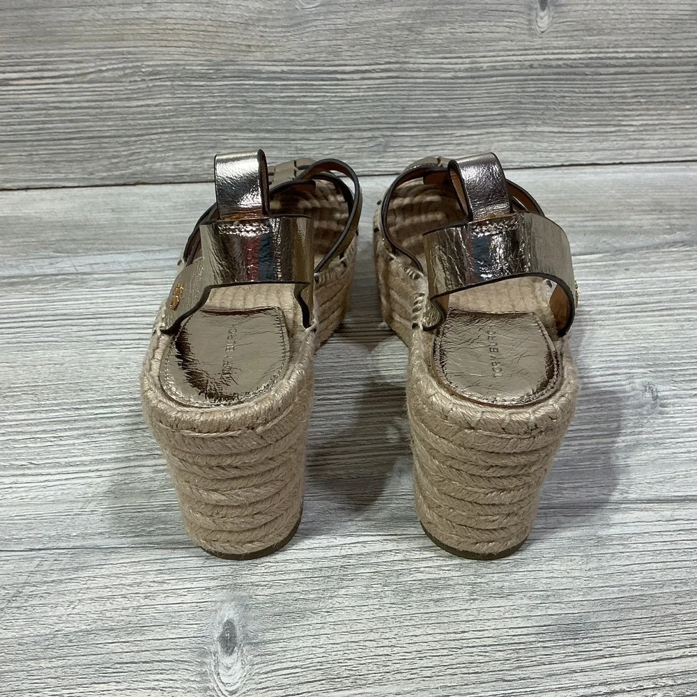NEW Tory Burch Fisherman Espadrille Platform Wedge Sandal in Spark Gold Size 7.5